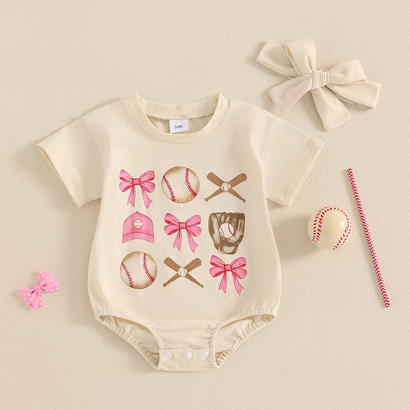 Peleles para niñas de 0 a 18 meses, monos infantiles de manga corta con estampado de lazo de béisbol, monos con diadema - imagen 2