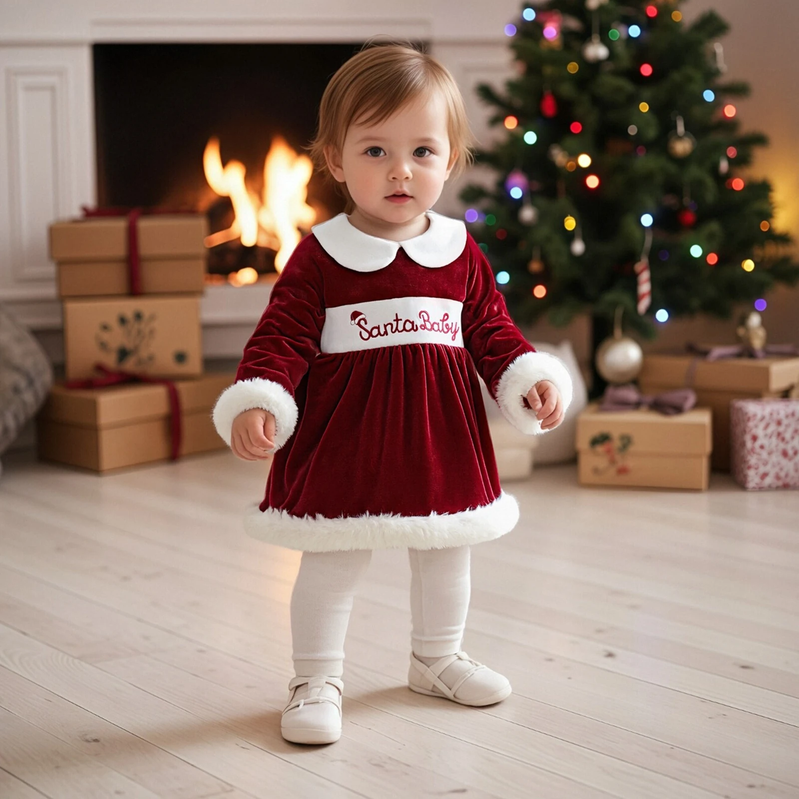 Suefunskry Traje de Navidad para niñas y niños, vestido de terciopelo de manga larga con cuello de muñeca y sombrero de Papá Noel, conjunto de invierno de princesa