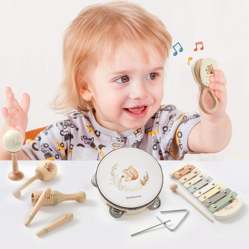 Juguetes musicales para bebés, juegos de instrumentos musicales de madera Montessori para niños, ardilla, Maracas, tambor, xilófono, Sensor de educación temprana, juego de juguetes - imagen 4