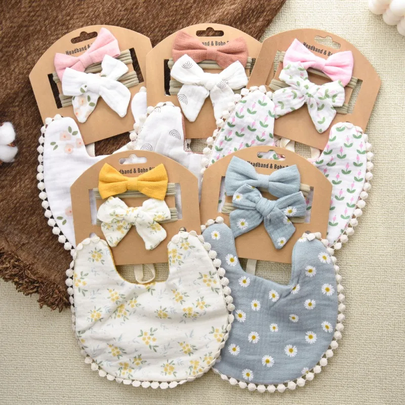 Conjunto de bebé de algodón de primera calidad: diadema con lazo de babero de gasa multicapa estampada, transpirable y agradable para la piel, accesorio bonito y esencial para bebé. - imagen 4
