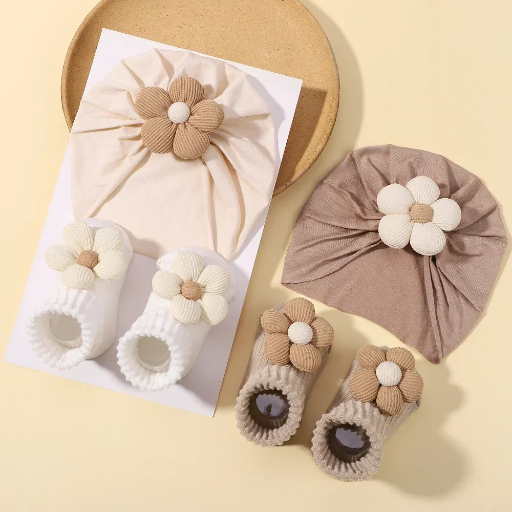 Ensemble de chaussettes de sauna à fleurs pour bébé fille, bandeau épais et doux pour nouveau-né, turban floral élastique, chaussettes courtes, vêtements de sauna pour bébé, 2 pièces