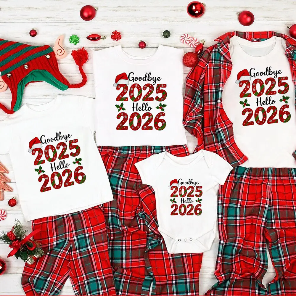 Adiós 2025 Hola 2026 Navidad familia camisa a juego papá mamá niños camisa bebé mameluco día de Navidad ropa de vacaciones