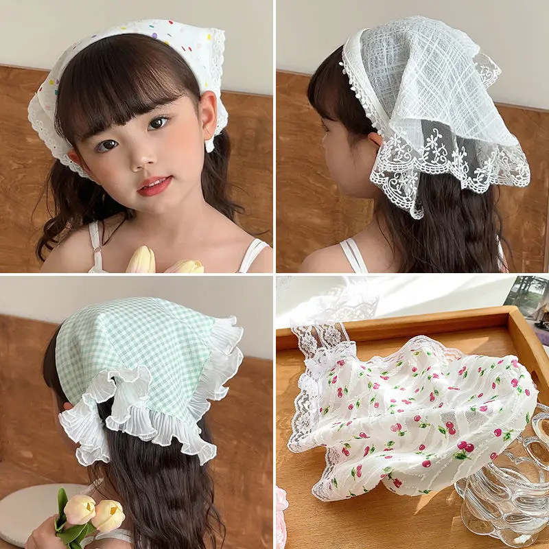 Pañuelo a cuadros de Color coreano para niños, diadema antideslizante con borde de encaje, bufanda triangular, diadema para bebé para niña, horquilla