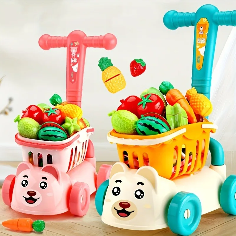 Carrito de compras para niños, juego con comida, frutas, verduras, accesorios, casa de juego, juguete educativo, regalos de simulación para niñas