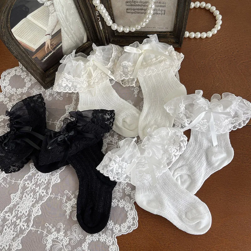 1 par de calcetines de malla de encaje de verano para niñas, calcetines sencillos de moda coreana con volantes de pantorrilla para niños, calcetines escolares suaves y finos y transpirables - imagen 3