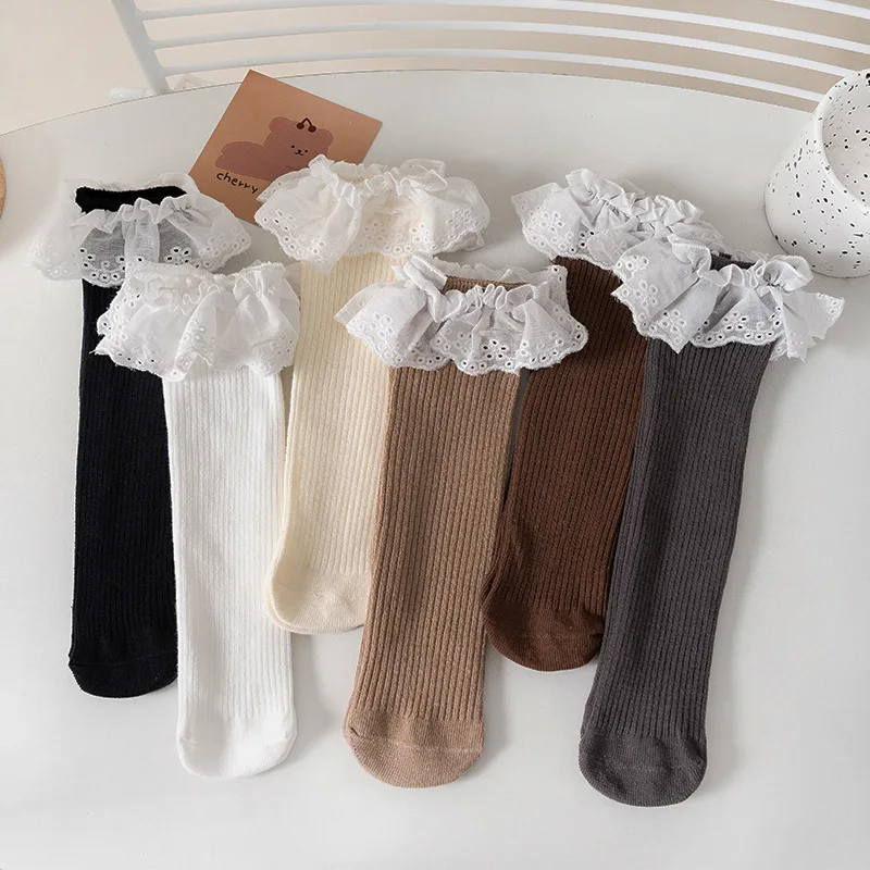 Calcetines hasta la rodilla para niñas, calcetines largos sueltos de princesa con volantes de encaje de algodón suave para niñas, calcetines de tubo medio tejidos para niñas lindas