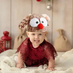 Gorro de ciervo para bebé, gorro tejido con astas bonitas con lazo, cómodo gorro tejido de ganchillo de felpa cálido para Navidad y invierno para niños pequeños