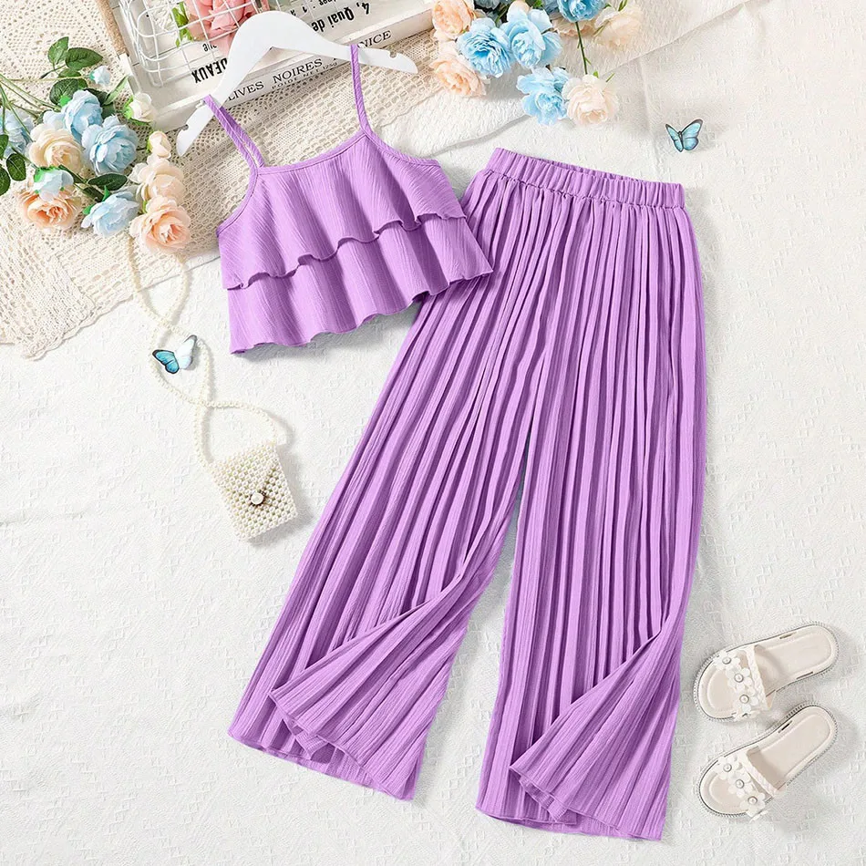 Conjunto de ropa elegante para niñas adolescentes, Top de tirantes con dobladillo con volantes y pantalones plisados, traje de 2 piezas, moda de verano - imagen 4