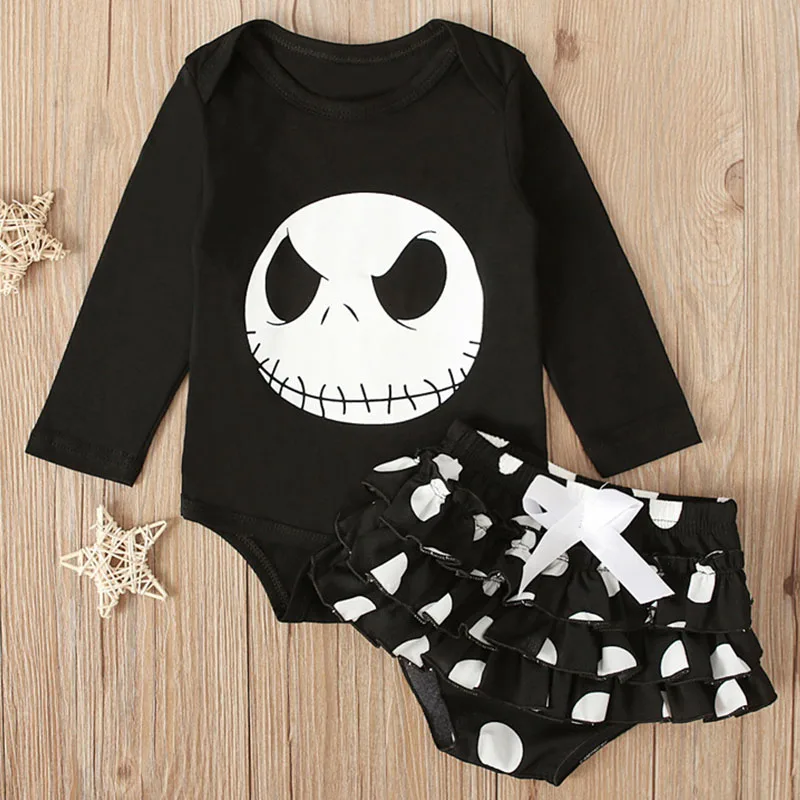 Ropa infantil de Halloween para primavera y otoño, Tops de manga larga con estampado de dibujos animados y pantalones cortos de lunares, artículos para recién nacidos B137, 2 piezas - imagen 3
