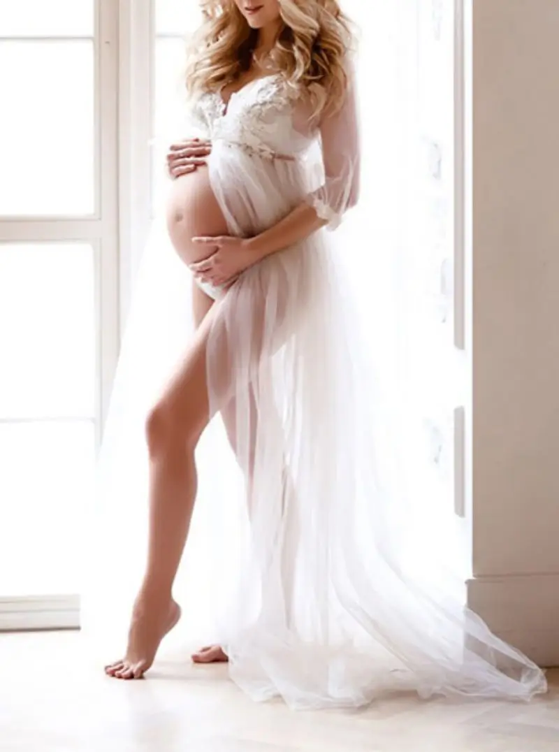 Vestido de maternidad largo tul con cuello en V para fotos premamá - imagen 5