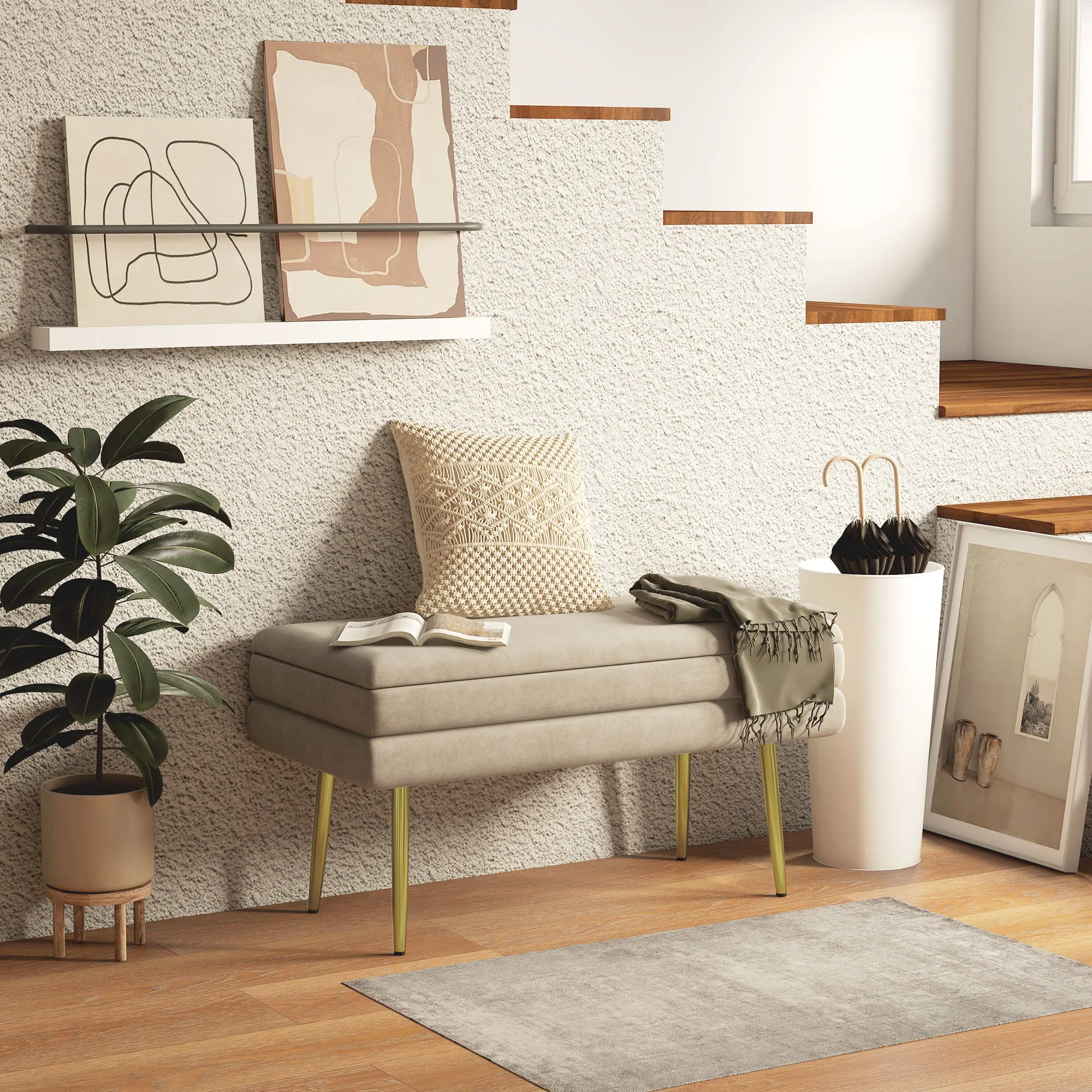 HOMCOM Puff Almacenaje 30L, Banco Almacenaje con Tapa Abatible y Patas de Acero, Tapizado en Terciopelo, Pie de Cama, para Dormitorio, Salón, Entrada, Carga 120 kg, 79,5x37,5x43 cm, Beige