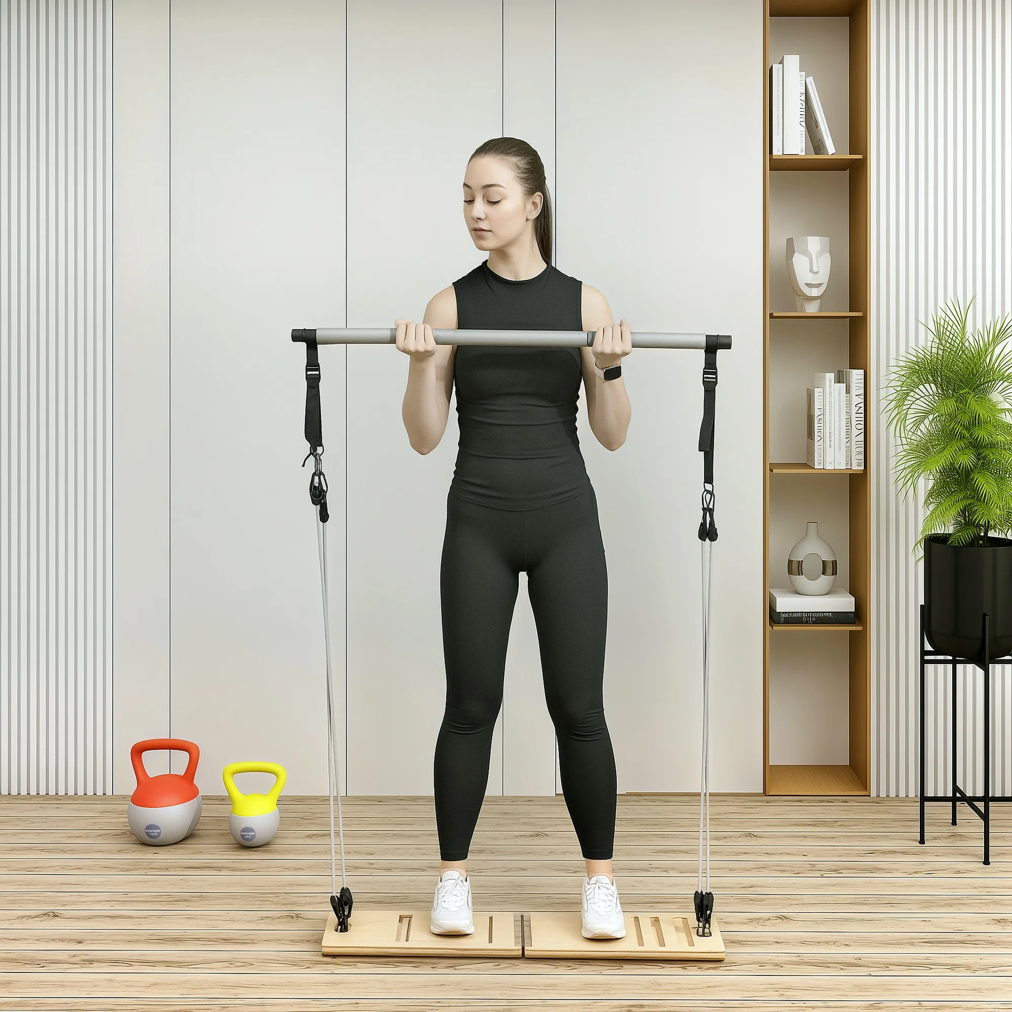 SPORTNOW Kit de Barra de Pilates Kit de Pilates con 6 Bandas Elásticas Tabla Inclinada Ajustable para Entrenamiento de Cuerpo Completo en Casa Gris