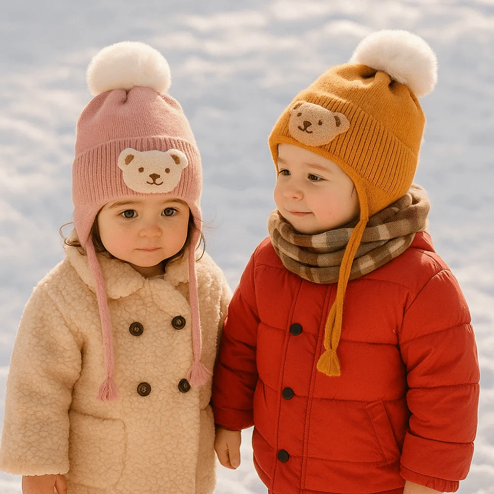 Gorro de punto suave de protección para bebé, gorro de punto de oso de dibujos animados, gorro de ganchillo cálido, gorro grueso y cálido con orejeras de oso de ganchillo para recién nacido - imagen 5