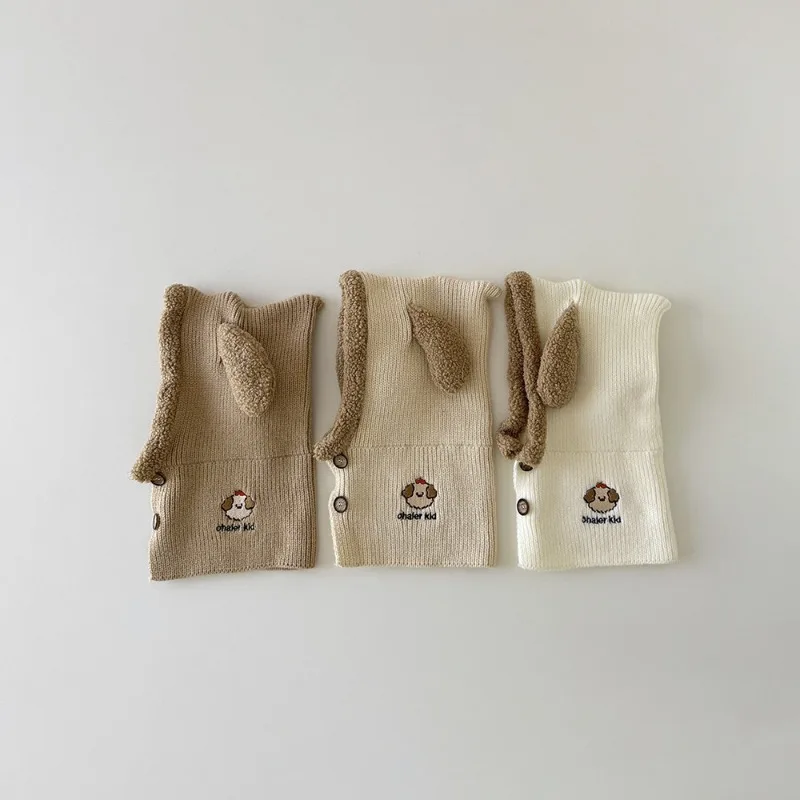 Gorro y bufanda de estilo coreano para niños, conjunto de invierno 2 en 1, gorro tejido con orejas de perro y Animal, calentador de cuello, pasamontañas cálido para niños pequeños - imagen 2