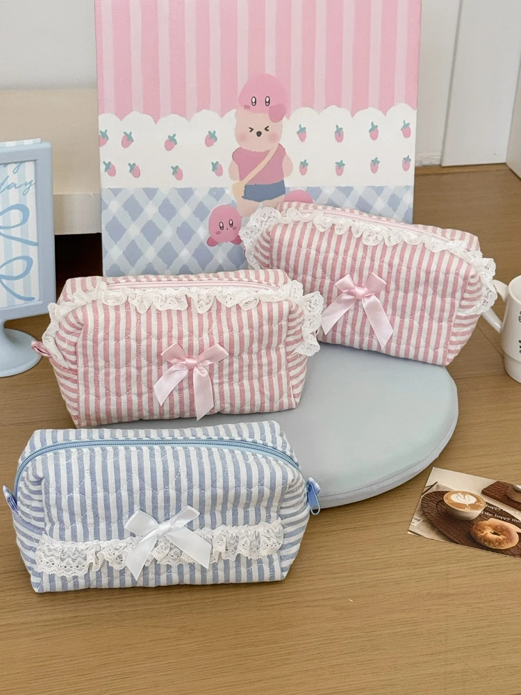 Organizador de papelería de encaje dulce a cuadros, estuche para lápices acolchado de gran capacidad, color rosa y azul, estuche para lápices para la vuelta a la escuela - imagen 3