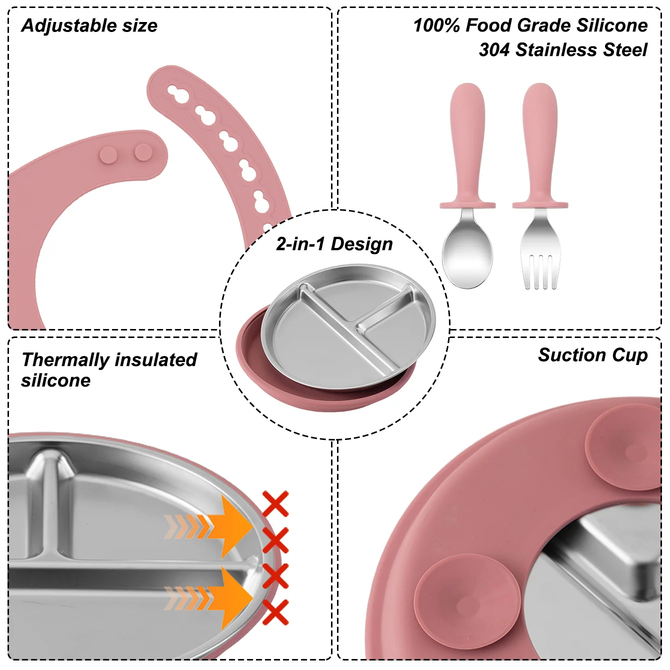 Platos desmontables de acero inoxidable, juego de alimentación de bebé con tenedor sin BPA, cuchara, babero, vajilla de destete, artículos para recién nacidos, 4 Uds. - imagen 5