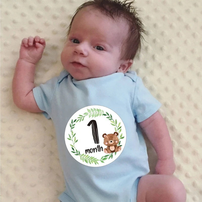 Juego de pegatinas con estampado Floral de animales de dibujos animados para bebé, calcomanías con registro mensual de meses conmemorativos, 12 unidades - imagen 3