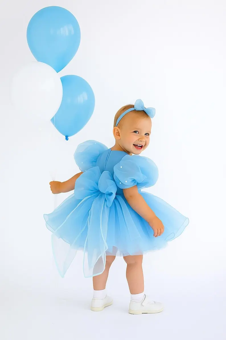 Vestido de bebé de organza azul hecho a mano, traje de cumpleaños con manga de cristal hinchada, princesa personalizada para niña