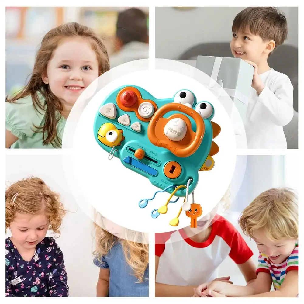 Volante de dinosaurio multifuncional para bebé, juguete educativo de actividad de dentición Montessori sensorial, cuerda de tracción, regalo para bebé - imagen 5