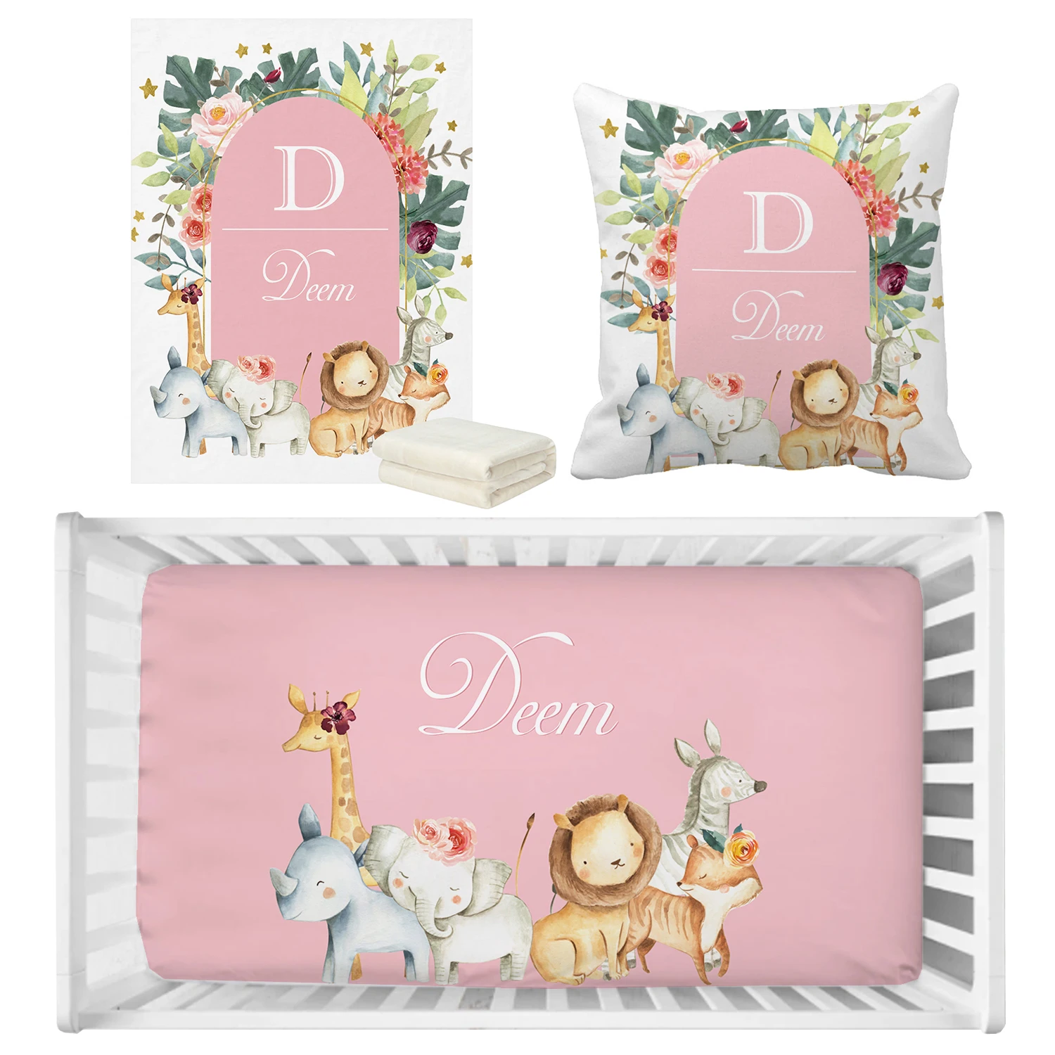 LVYZIHO Juego de cama para bebé con nombre personalizado de animales de la selva para niñas, juego de cama de regalo para niños pequeños, juego de cama para Baby Shower