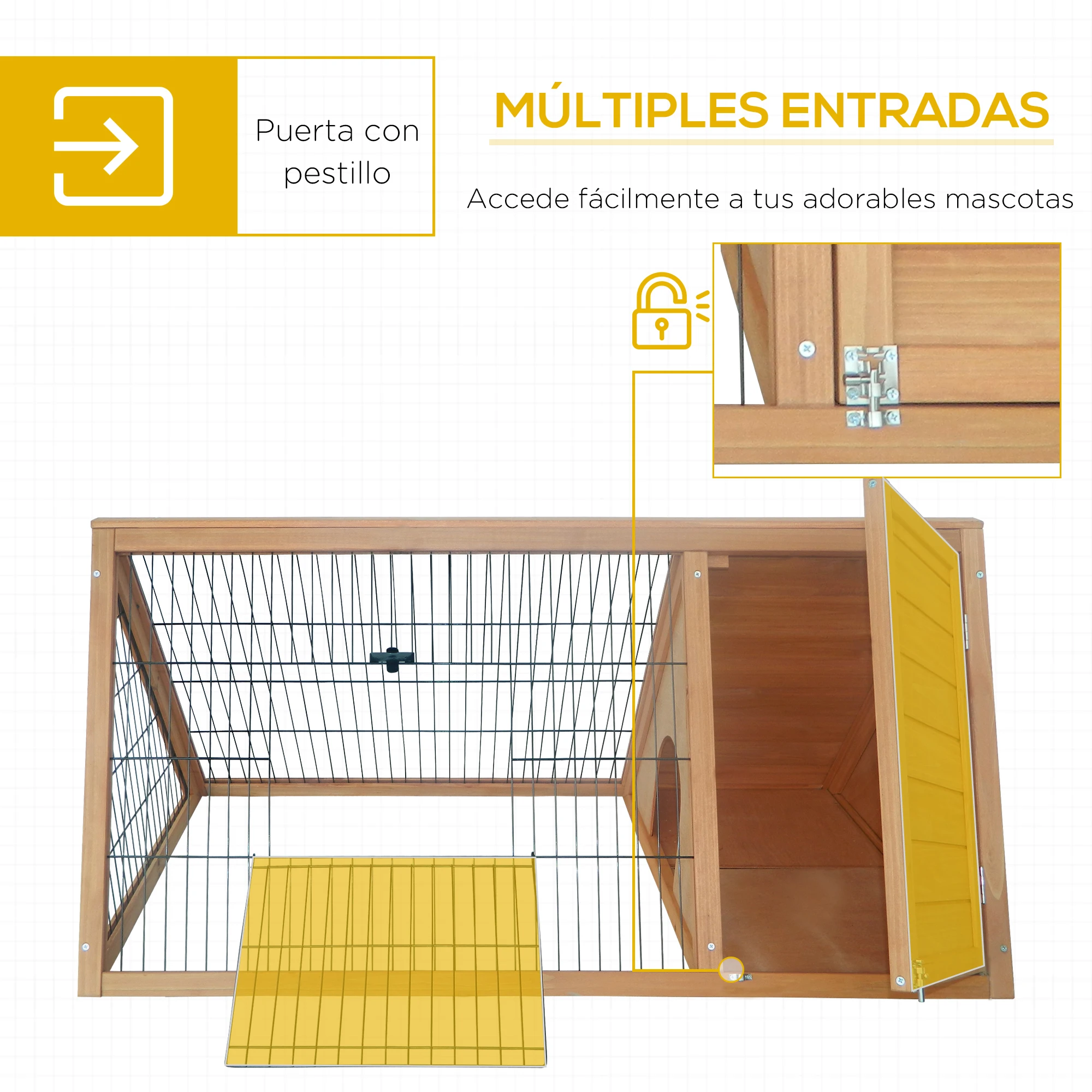 PawHut Conejera de Madera 116x62,2x52,5 cm Jaula para Conejos en Forma de Triangular con Puertas y Rejilla Metálica Madera Natural - imagen 4
