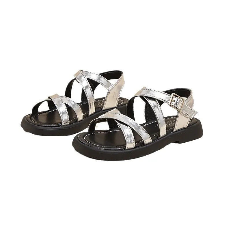 Sandalias romanas de verano para niñas, zapatos antideslizantes de suela suave, Punta abierta, versátiles, de princesa, Color sólido - imagen 5