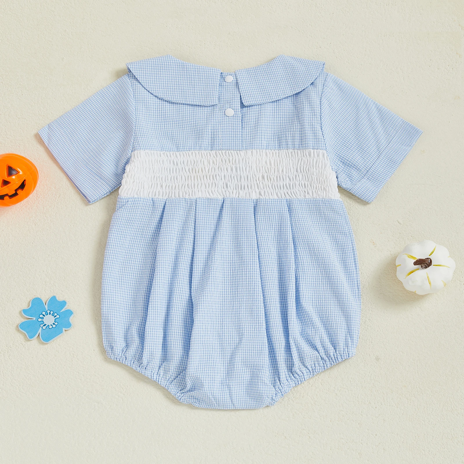 SUNSIOM, pelele a cuadros de verano para bebé, bordado de calabaza, mono de manga corta con cuello de muñeca, mono infantil, ropa de calle - imagen 2