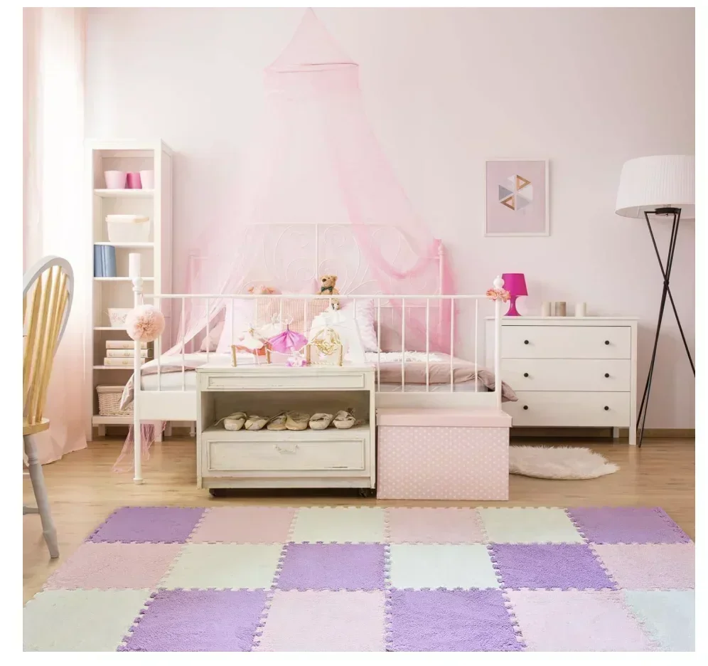 Alfombra de juego para bebé de color rosa esponjoso, azulejos de suelo entrelazados de espuma de felpa suaves y antideslizantes para dormitorio de niños con bordes, 1 ud. - imagen 4