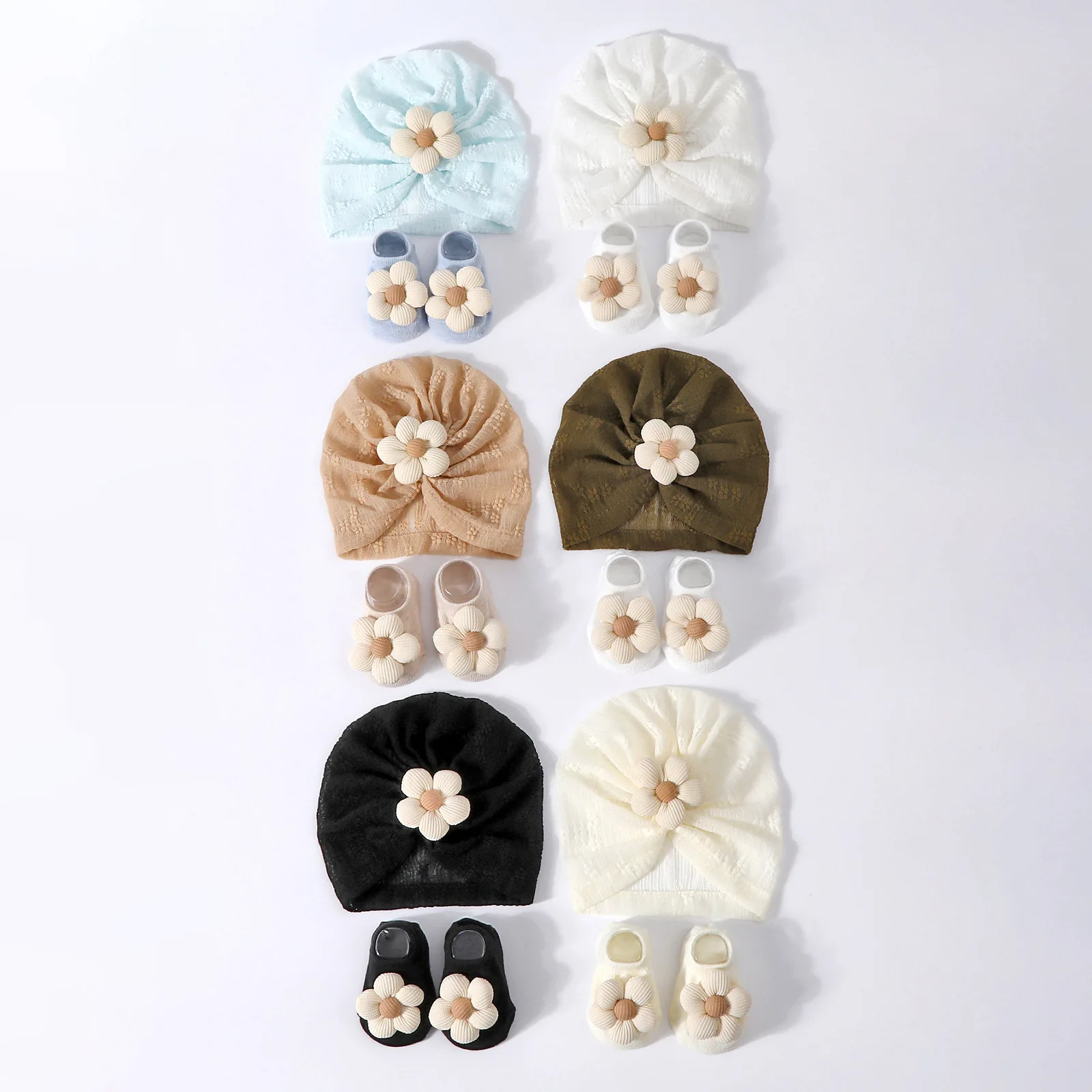Nuevo bebé 1 Juego de sombreros de girasol calcetines recién nacidos suaves Prewalker ahueca hacia fuera el calcetín transpirable sombrero niña gorra infantil gorros turbante calcetines - imagen 2