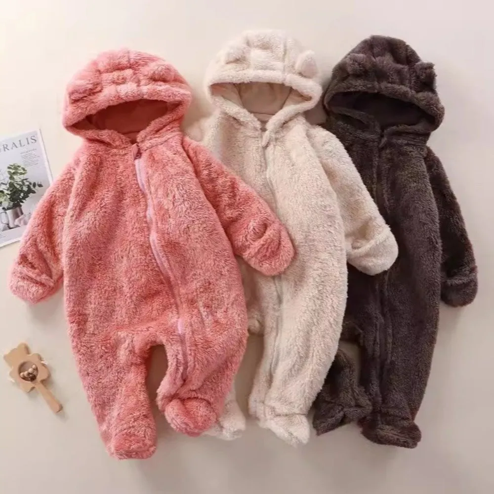 Peleles con capucha de oso bonito para bebé, mono cálido con cierre de cremallera, mono infantil de lana de invierno con diseño de capucha, mono para bebés recién nacidos - imagen 2