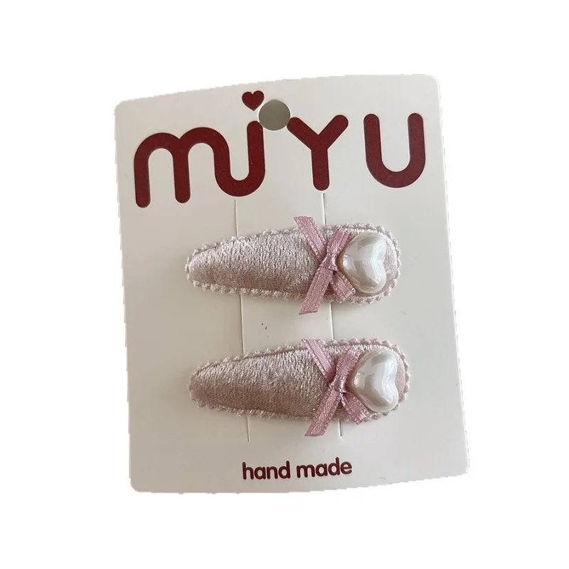 Versión coreana de terciopelo rosa, agradable arco de perlas, gota de agua para niños, Clip Bb, flequillo lateral, horquilla versátil para niñas - imagen 4