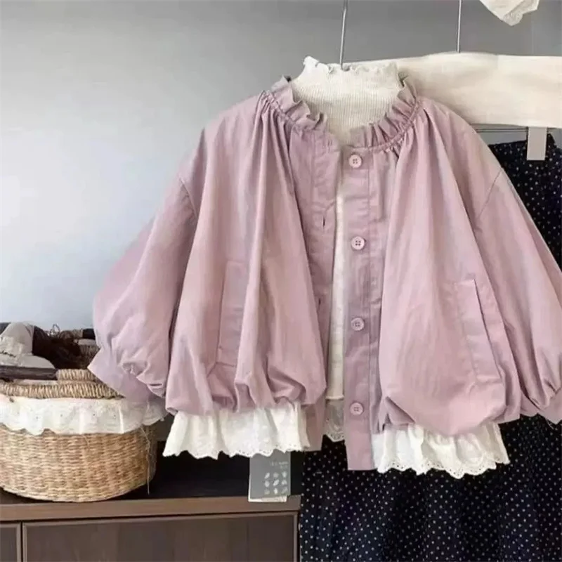 Gabardina de primavera para niña con encaje de manga larga - imagen 4