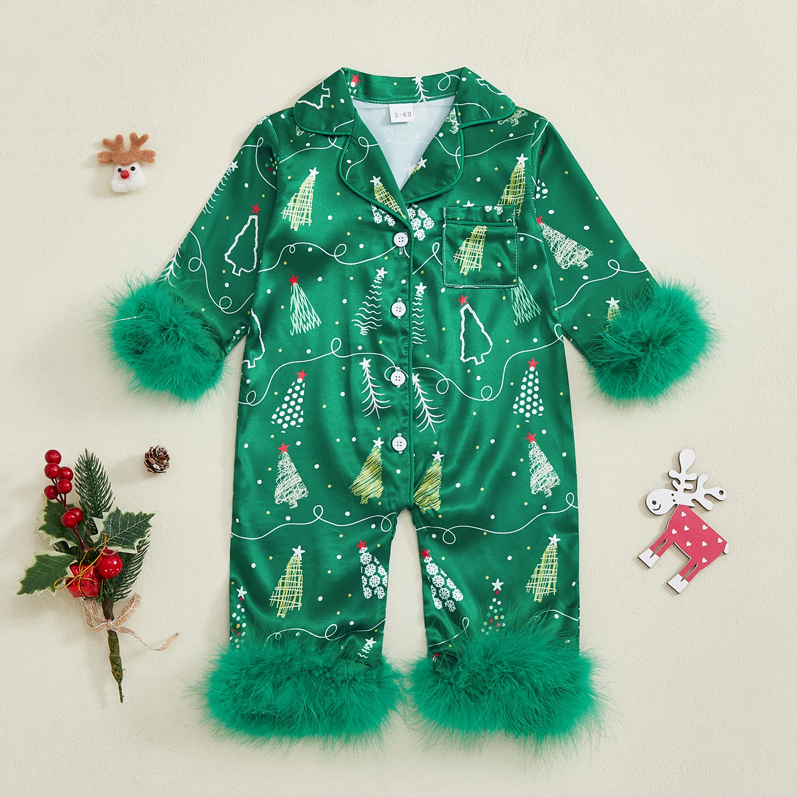 Pijamas navideños para niña de 0 a 24 meses, pijamas de manga larga con solapa y botones, monos con estampado de elementos navideños