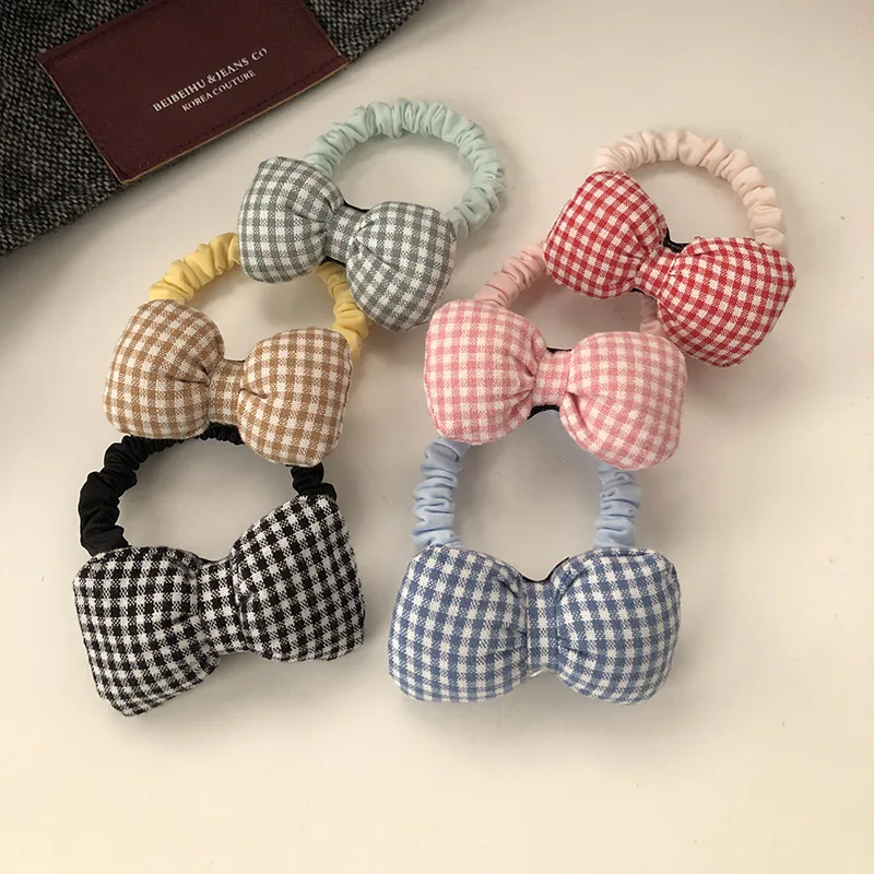 Gomas para el pelo con lazo a cuadros de tela para niños, diademas con lazo dulce, bandas de goma elásticas de princesa coreana para niñas y niños