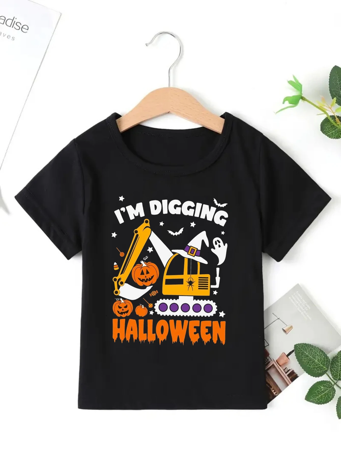 Soy excavación de calabaza de Halloween, camiseta negra estampada con excavadora, regalo de Halloween para niños, camisa de otoño, ropa divertida de verano para niños