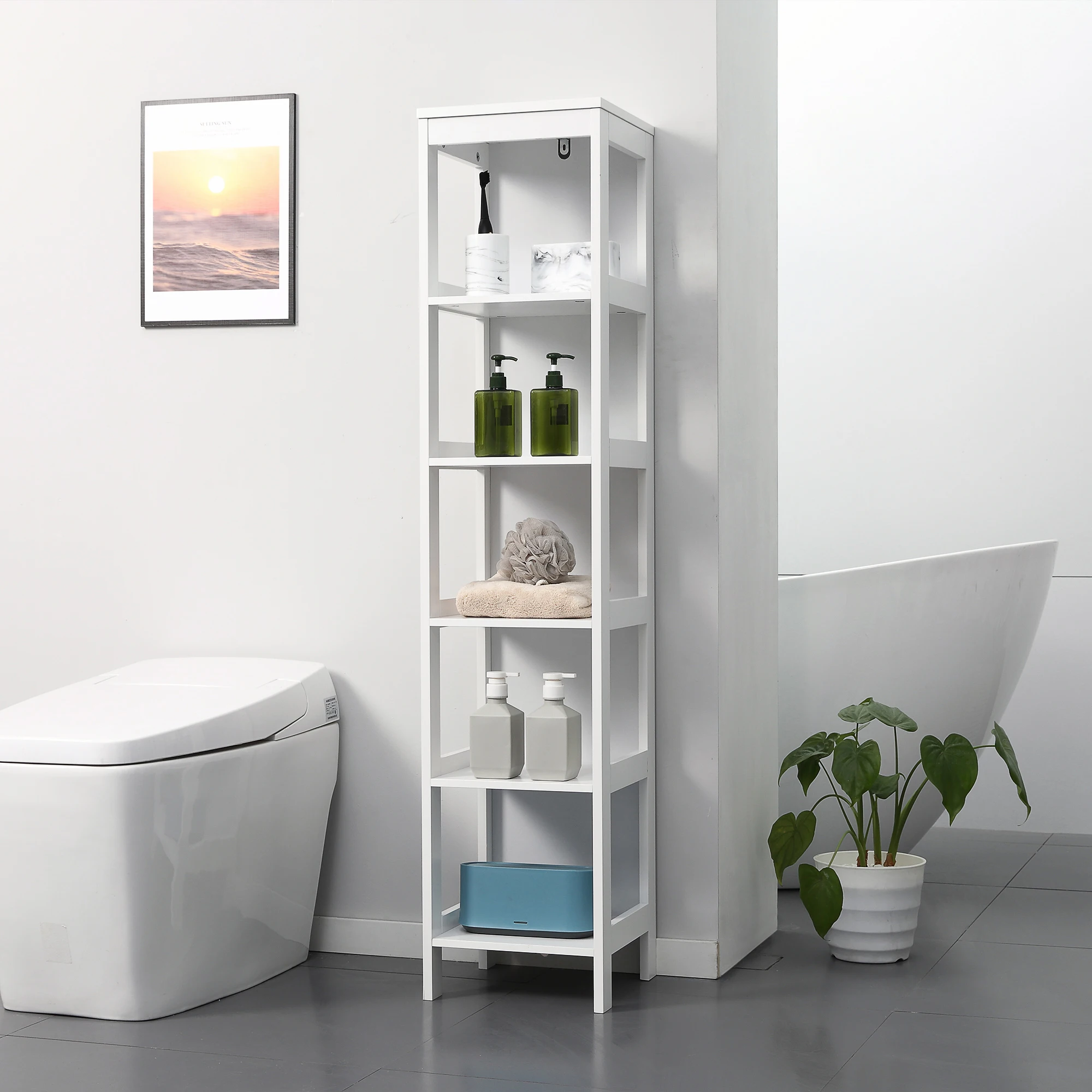 kleankin Estantería de Baño de Suelo de 5 Niveles Mueble Auxiliar de Almacenaje para Cocina Salón Dormitorio Estilo Moderno Antivuelco Carga 30 kg 30x30x140 cm Blanco - imagen 2