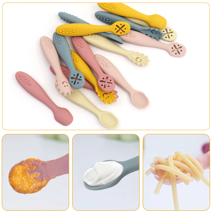 Cuchara y tenedor de silicona para bebé, utensilios de Color puro para niños, sin BPA, vajilla para niños, accesorios de comida para bebé, 3 uds. - imagen 3