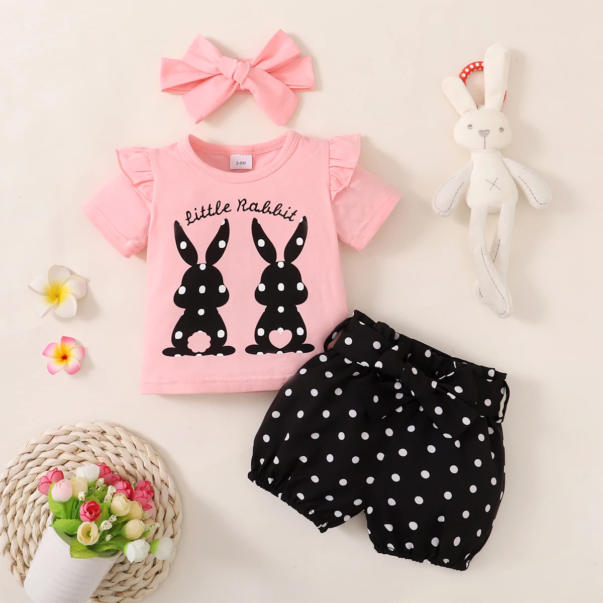 Conjunto de 3 piezas para bebé, Camiseta con estampado de conejo, pantalones cortos de lunares y tocados, ropa de moda para niña pequeña de 0 a 18 meses