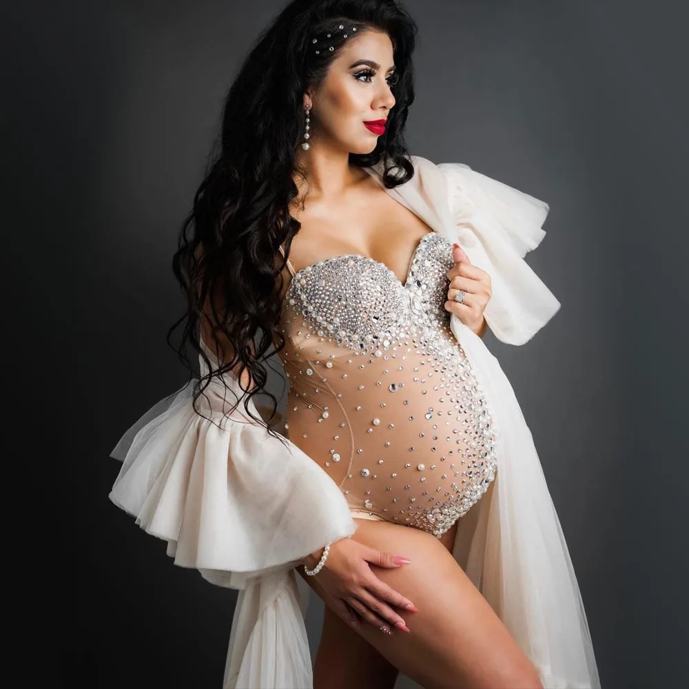Body elástico de malla para sesión de fotos de maternidad con cristales brillantes diamantes de imitación fotografía de embarazo mono ajustado para embarazadas - imagen 2
