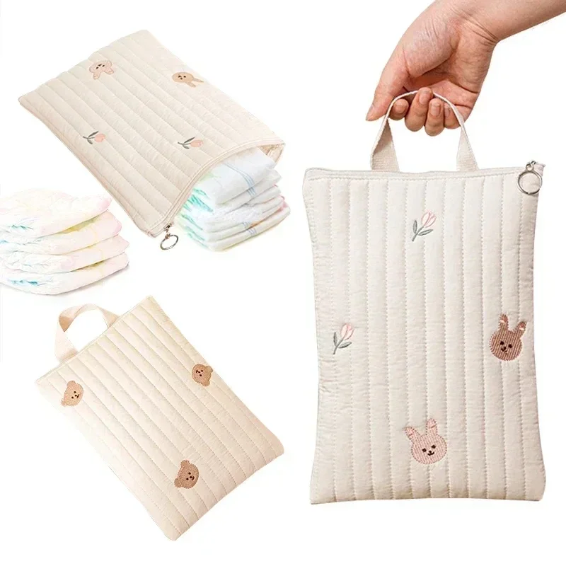 Bolsa de pañales para bebé con bordado de oso bonito, bolsa portátil para pañales, bolsa de algodón para mamá, bolsa de almacenamiento para cochecito, organizador para bebé - imagen 5