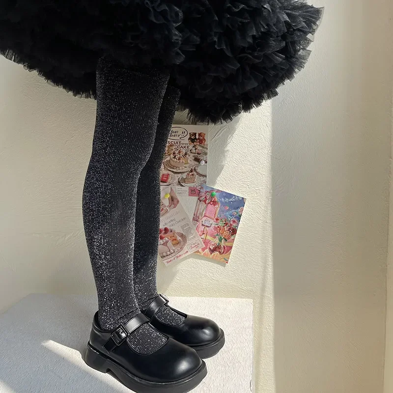 Pantimedias para chico y niña, medias ajustadas de terciopelo con purpurina plateada sólida de estilo europeo para niña de 0 a 12T, medias de Ballet para primavera y otoño - imagen 2