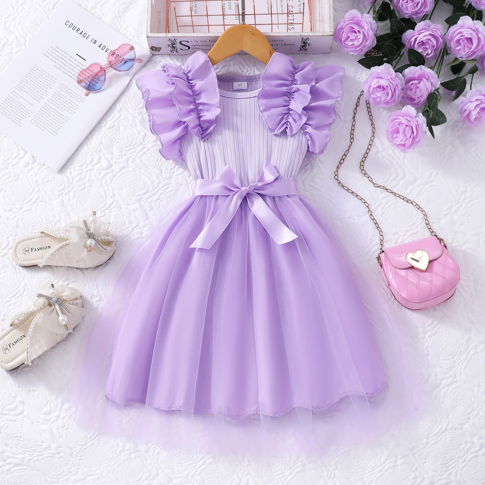 Vestido de malla para niña, vestido de verano de manga corta con cinturón y lazo, vestido de princesa bonito y dulce a la moda para fiesta de cumpleaños, vestido para niños de 3 4 5 6 7 años - imagen 2