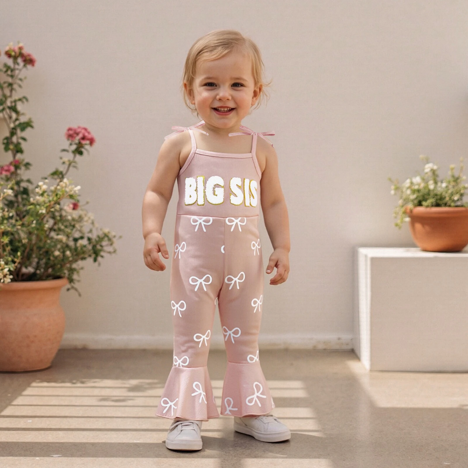 ViSgogo Mono rosa para niña pequeña, corte holgado, BIG SIS, patrón de texto y lazo, mono suave de poliéster y LICRA para niño pequeño - imagen 4