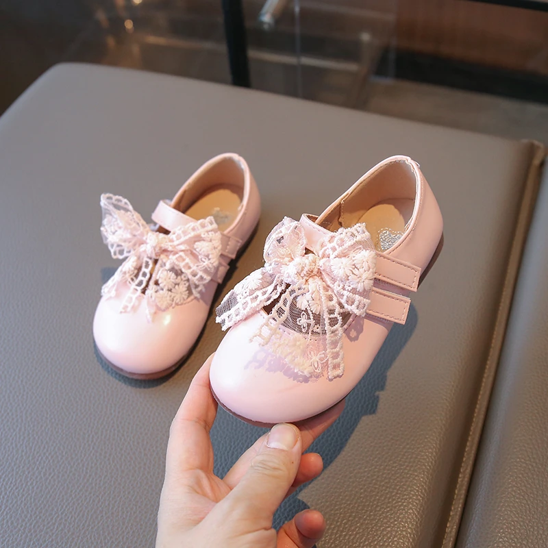Zapatos de cuero para niñas de primavera, zapatos de princesa con lazo de encaje para fiesta de cumpleaños, zapatos informales antideslizantes de suela blanda para niños - imagen 5