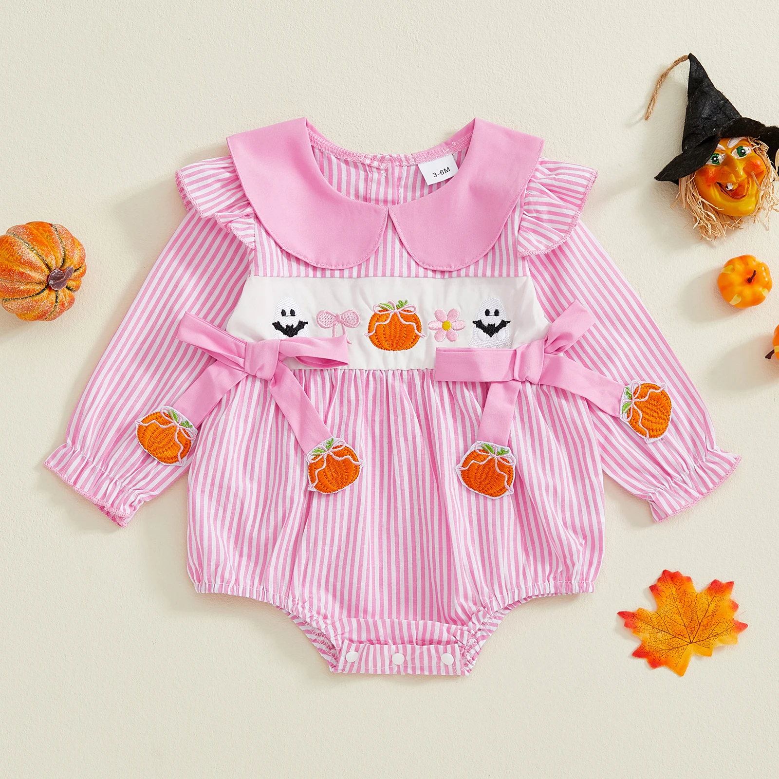 Pelele a rayas de Halloween para niña de 0 a 18 meses, mono de burbujas con cuello de muñeca de manga larga bordado de calabaza fantasma