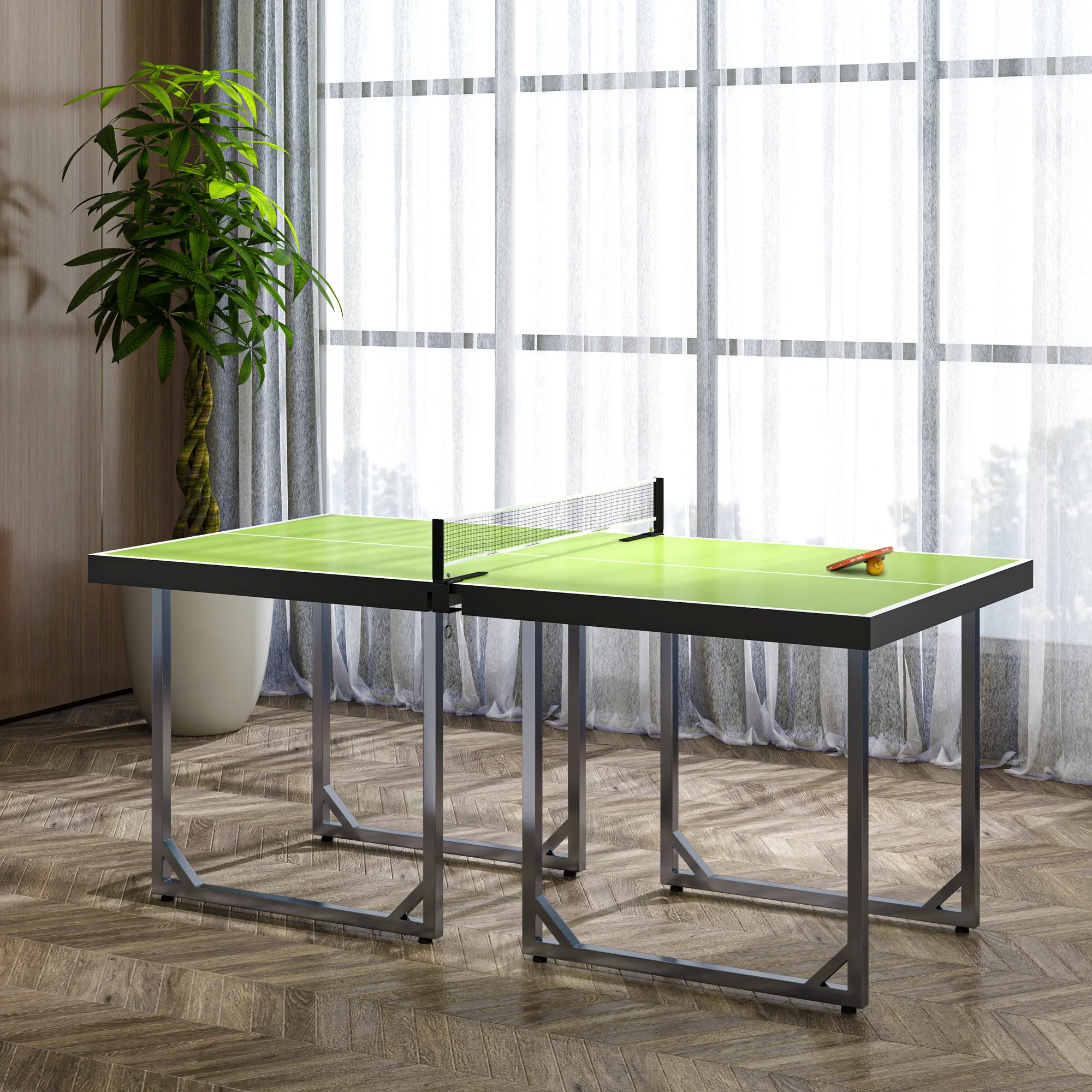 HOMCOM Mesa de Ping-Pong Plegable, 182x91cm, Fácil de Transportar, Resistente a la Intemperie, Estable, Mesa de Tenis con Red y Marco de Acero, para Interior y Exterior, Verde - imagen 2