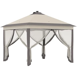 Outsunny Carpa Plegable con Luces LED 3,3x3,3 m Cenador de Jardín con Control Remoto 4 Paredes Laterales de Malla Altura Ajustable y Bolsa de Transporte para Patio Fiestas Beige
