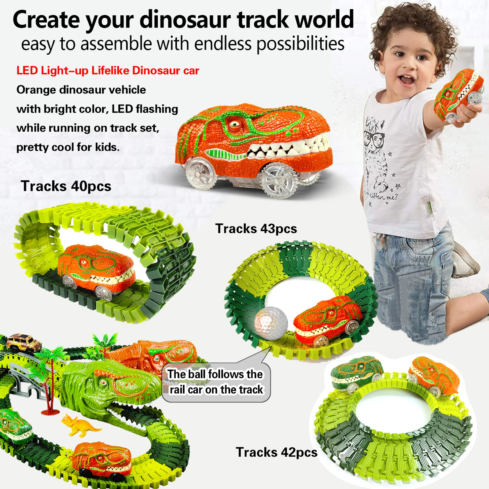 Juguetes de dinosaurios, vía de tren mágica, juguete de carreras, pista de carrera Flexible, luz Flash, coche, juguetes educativos para regalo de niños - imagen 3