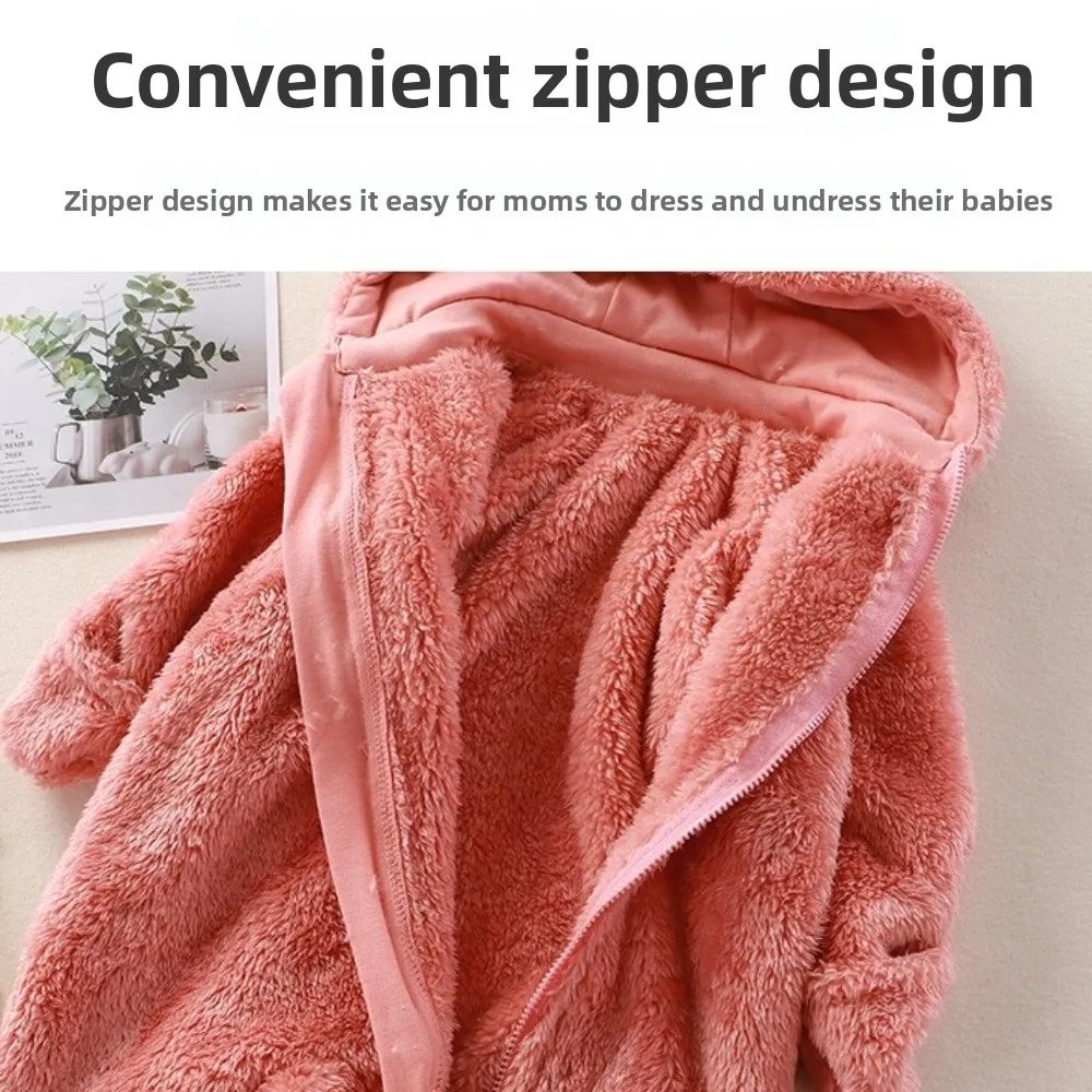 Peleles con capucha de oso bonito para bebé, mono cálido con cierre de cremallera, mono infantil de lana de invierno con diseño de capucha, mono para bebés recién nacidos - imagen 5