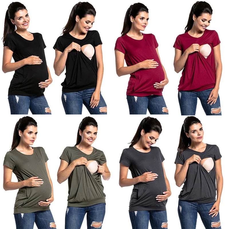 Camisetas de manga corta de Color puro para mujer, ropa de lactancia, ropa de maternidad, blusa para mujeres embarazadas, Tops de lactancia - imagen 2